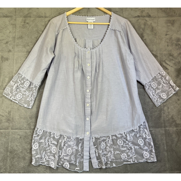Soft Surroundings Tunic Top Large Pale Gray Lace Trim Cotton Silk Boho Blouse - Picture 1 of 10